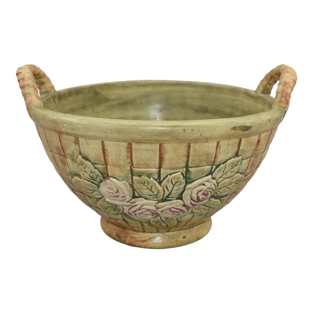 Weller Flemish 1920s Vintage Art Pottery Red Floral Roses Green Ceramic Basket