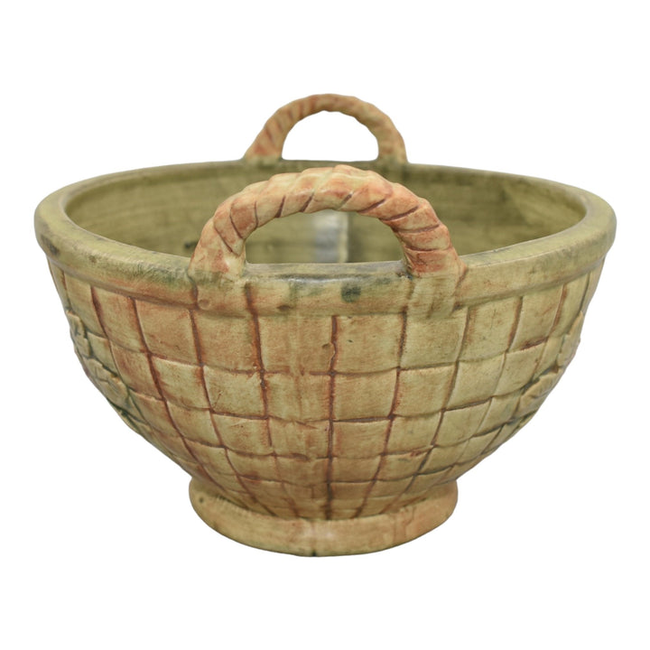 Weller Flemish 1920s Vintage Art Pottery Red Floral Roses Green Ceramic Basket