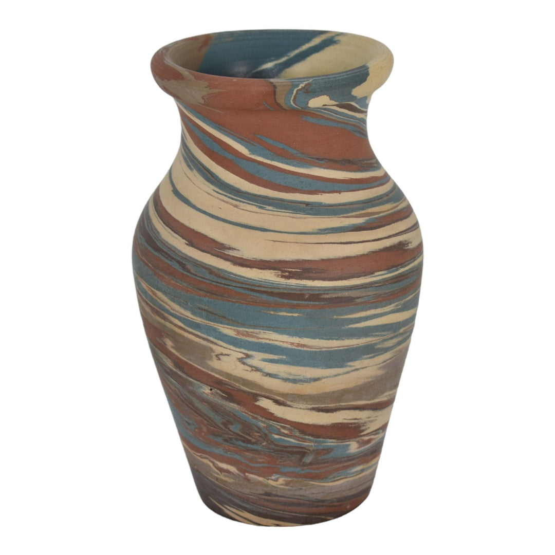 Niloak Mission Swirl 1910-24 Vintage Hand Made Pottery Brown Blue 6" Vase - Just Art Pottery