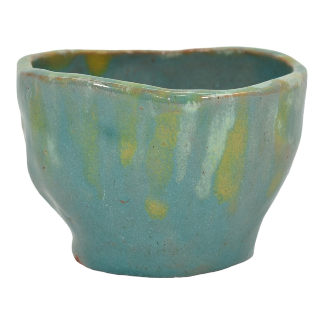 North Dakota School of Mines UND Vintage Pottery Blue Yellow Vase Artist Signed - Just Art Pottery