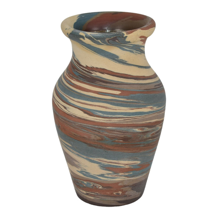 Niloak Mission Swirl 1910-24 Vintage Hand Made Pottery Brown Blue 6" Vase - Just Art Pottery