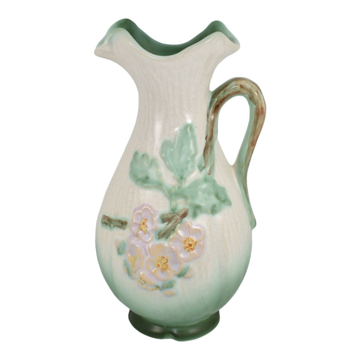 Weller Roba 1930s Vintage Art Pottery Green Pink Floral Ceramic Ewer - Just Art Pottery