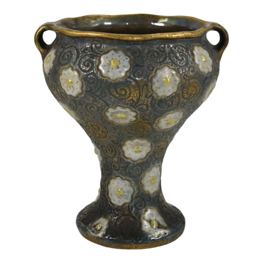 Amphora RSK Austrian Art Nouveau Pottery White Floral Green Ceramic Chalice Vase - Just Art Pottery