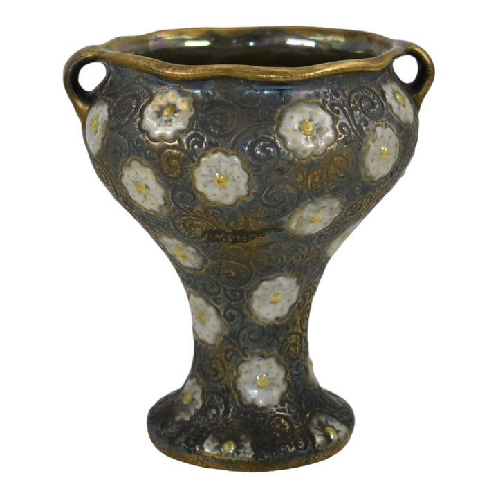 Amphora RSK Austrian Art Nouveau Pottery White Floral Green Ceramic Chalice Vase - Just Art Pottery