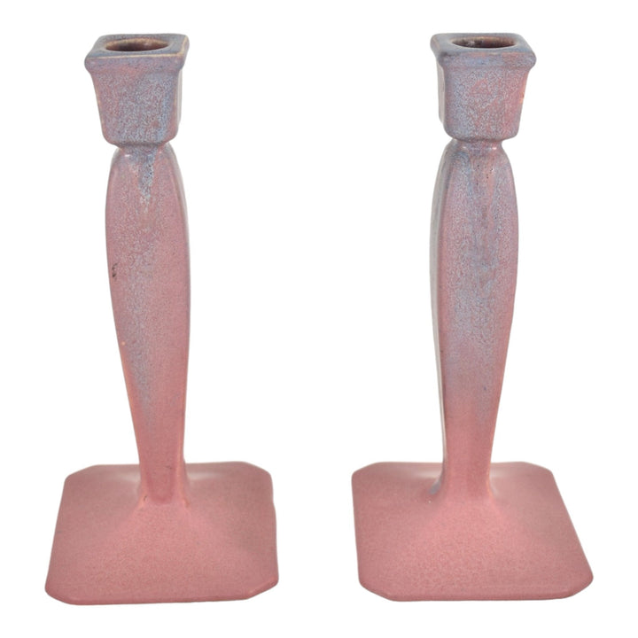 Muncie 1920s Art Deco Pottery Matte Blue Over Rose Ceramic Candle Holders 195 - Just Art Pottery