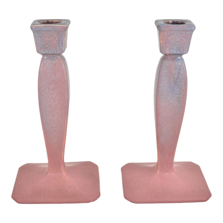 Muncie 1920s Art Deco Pottery Matte Blue Over Rose Ceramic Candle Holders 195 - Just Art Pottery