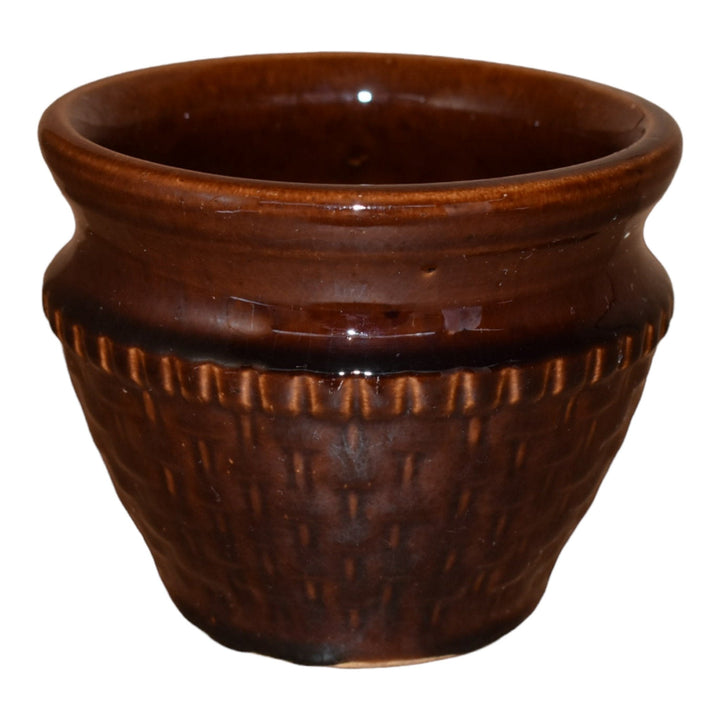 American Art Pottery Vintage Brown Basket Weave Jardiniere Planter - Just Art Pottery