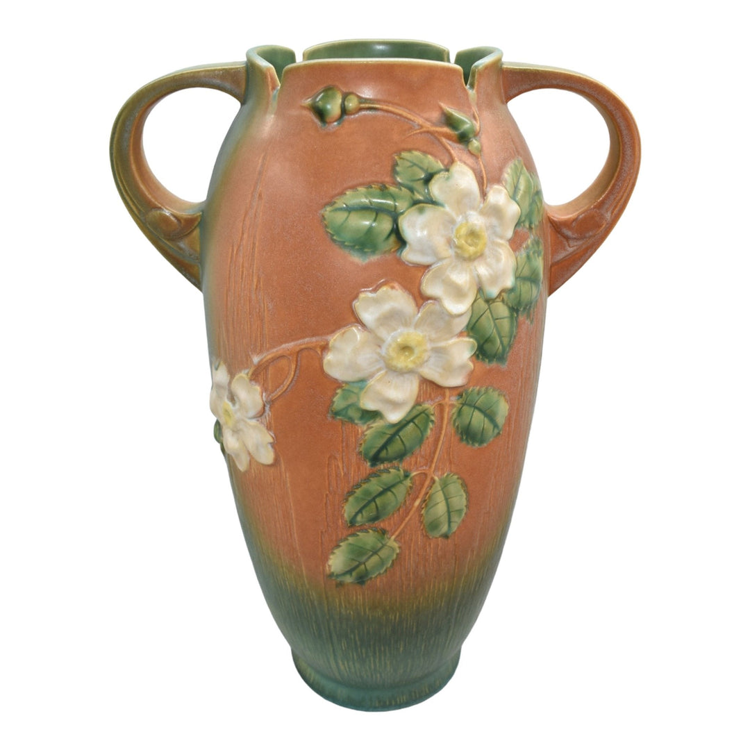 Roseville White Rose Brown 1940 Mid Century Modern Art Pottery Floor Vase 994-18