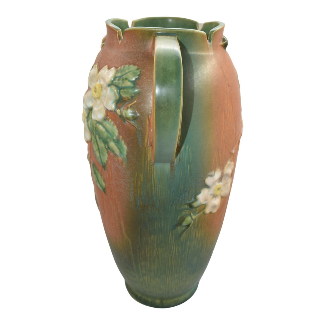 Roseville White Rose Brown 1940 Mid Century Modern Art Pottery Floor Vase 994-18