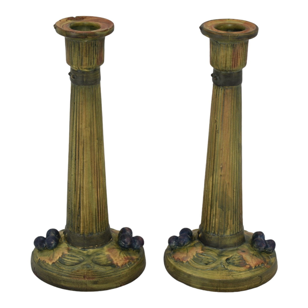 Weller Woodcraft 1920s Vintage Art Pottery Grapes Green Ceramic Candle Holders