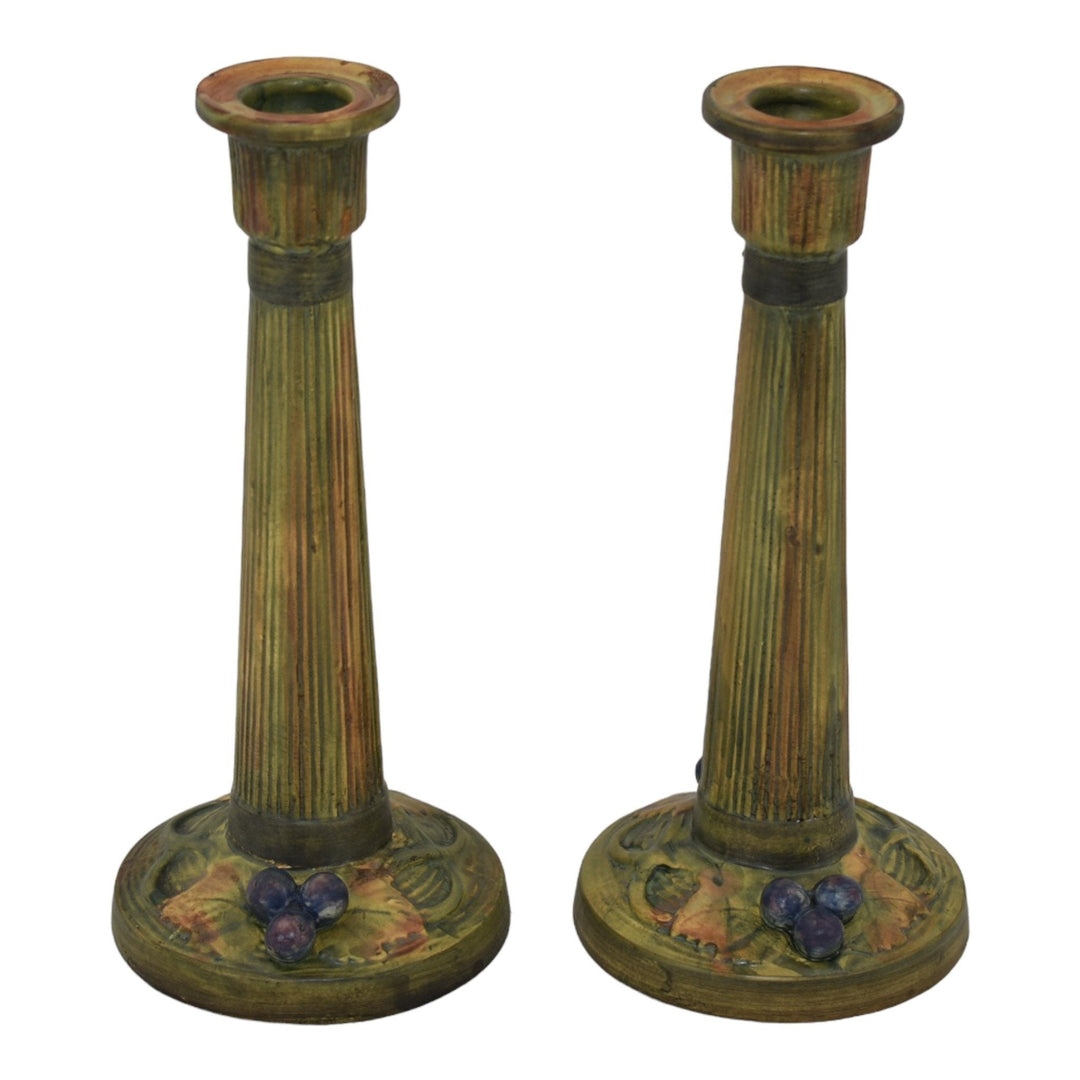 Weller Woodcraft 1920s Vintage Art Pottery Grapes Green Ceramic Candle Holders