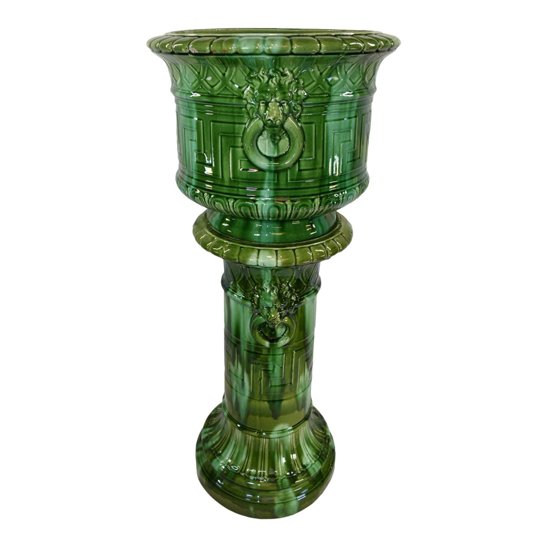 Brush McCoy Green Onyx Majolica 1914 Pottery Lion Tall Jardiniere Pedestal 1160 - Just Art Pottery