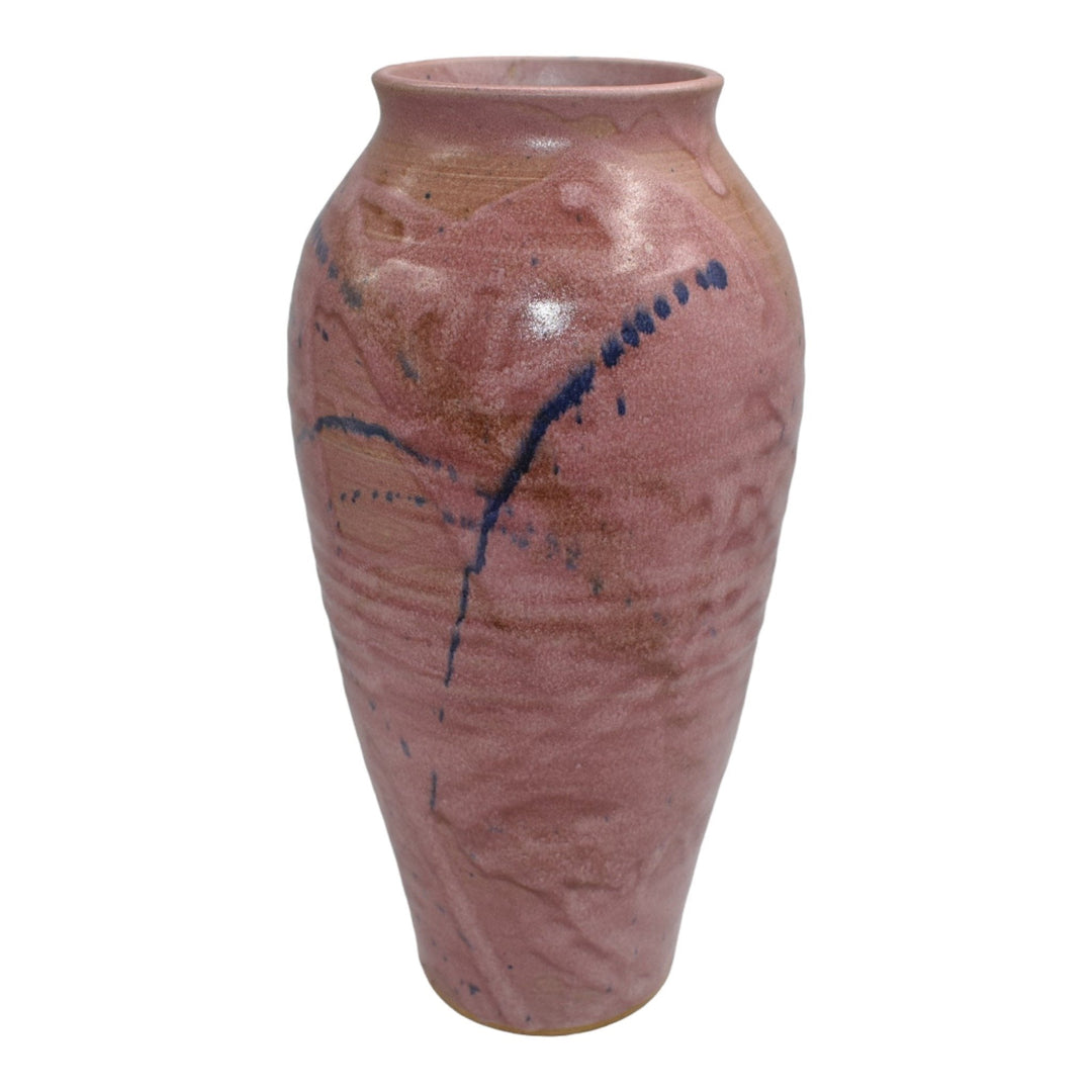 Willow Estates Studio Art Pottery Hand Made Mottled Pink Blue Tall Ribbed Vase