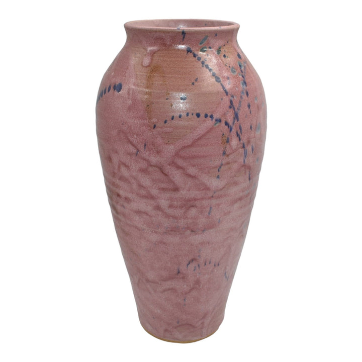 Willow Estates Studio Art Pottery Hand Made Mottled Pink Blue Tall Ribbed Vase