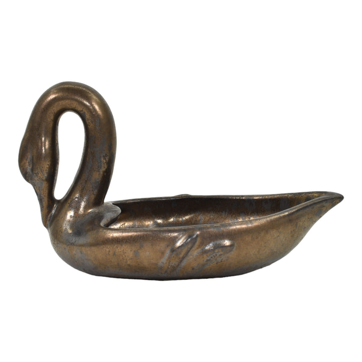 Weller Patricia Bronzeware 1930s Pottery Metallic Bronze Glaze Variant Swan Tray - Just Art Pottery