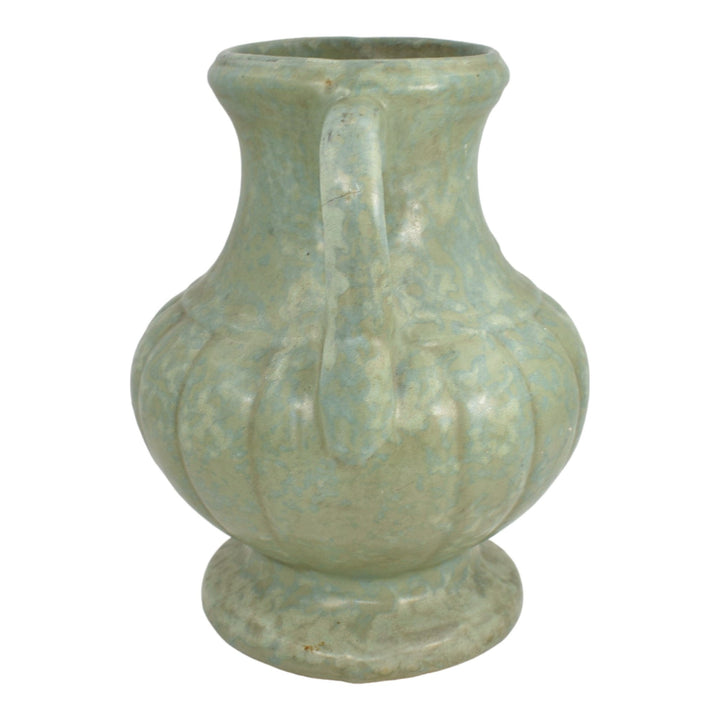 McCoy 1920s Vintage Arts And Craft Pottery Mottled Green Handled Ceramic Vase - Just Art Pottery
