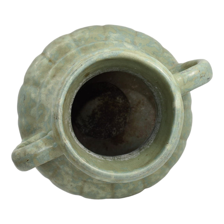 McCoy 1920s Vintage Arts And Craft Pottery Mottled Green Handled Ceramic Vase - Just Art Pottery