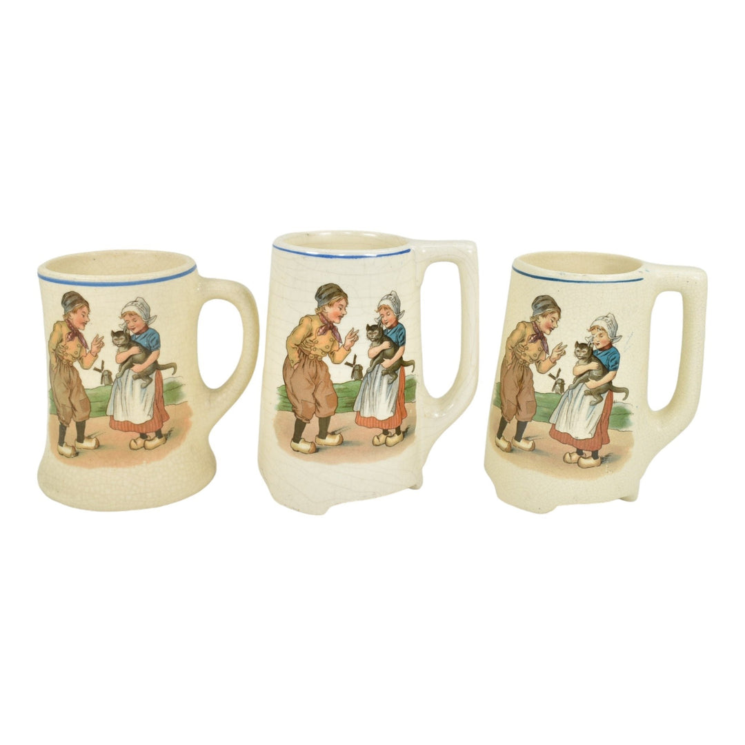 Roseville Creamware 1900s Vintage Art Pottery Dutch Children With Cat Mugs - Just Art Pottery