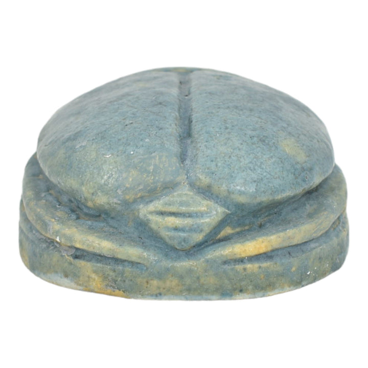 Grueby 1900s Vintage Arts and Crafts Pottery Matte Blue Scarab Paperweight - Just Art Pottery
