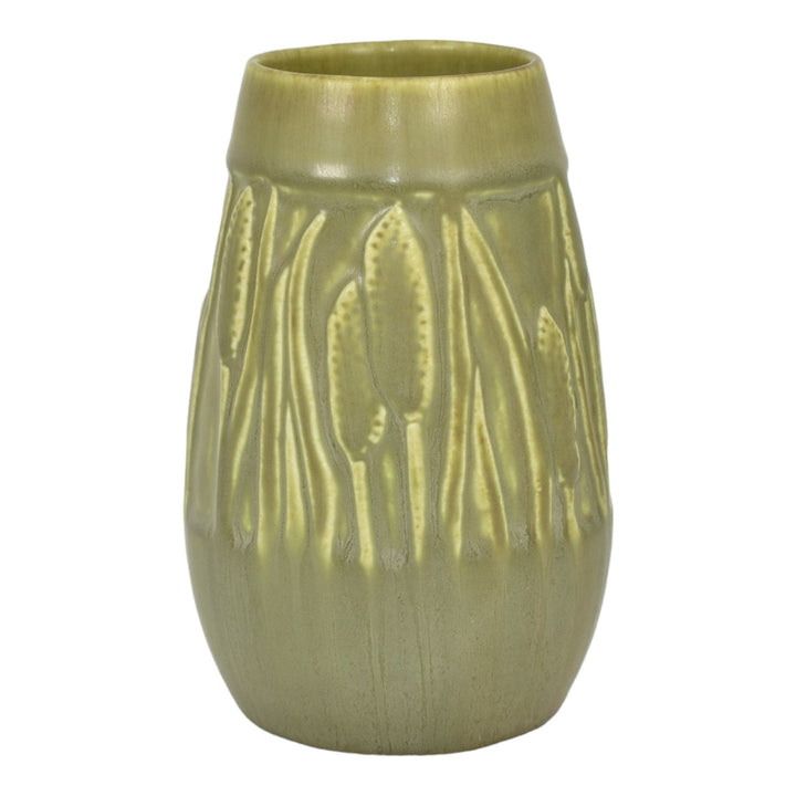 Rookwood 1930 Vintage Art Pottery Matte Olive Green Cattails Ceramic Vase 2592 - Just Art Pottery