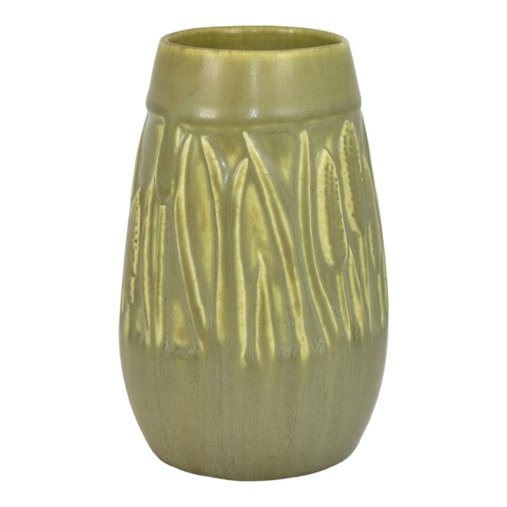 Rookwood 1930 Vintage Art Pottery Matte Olive Green Cattails Ceramic Vase 2592 - Just Art Pottery