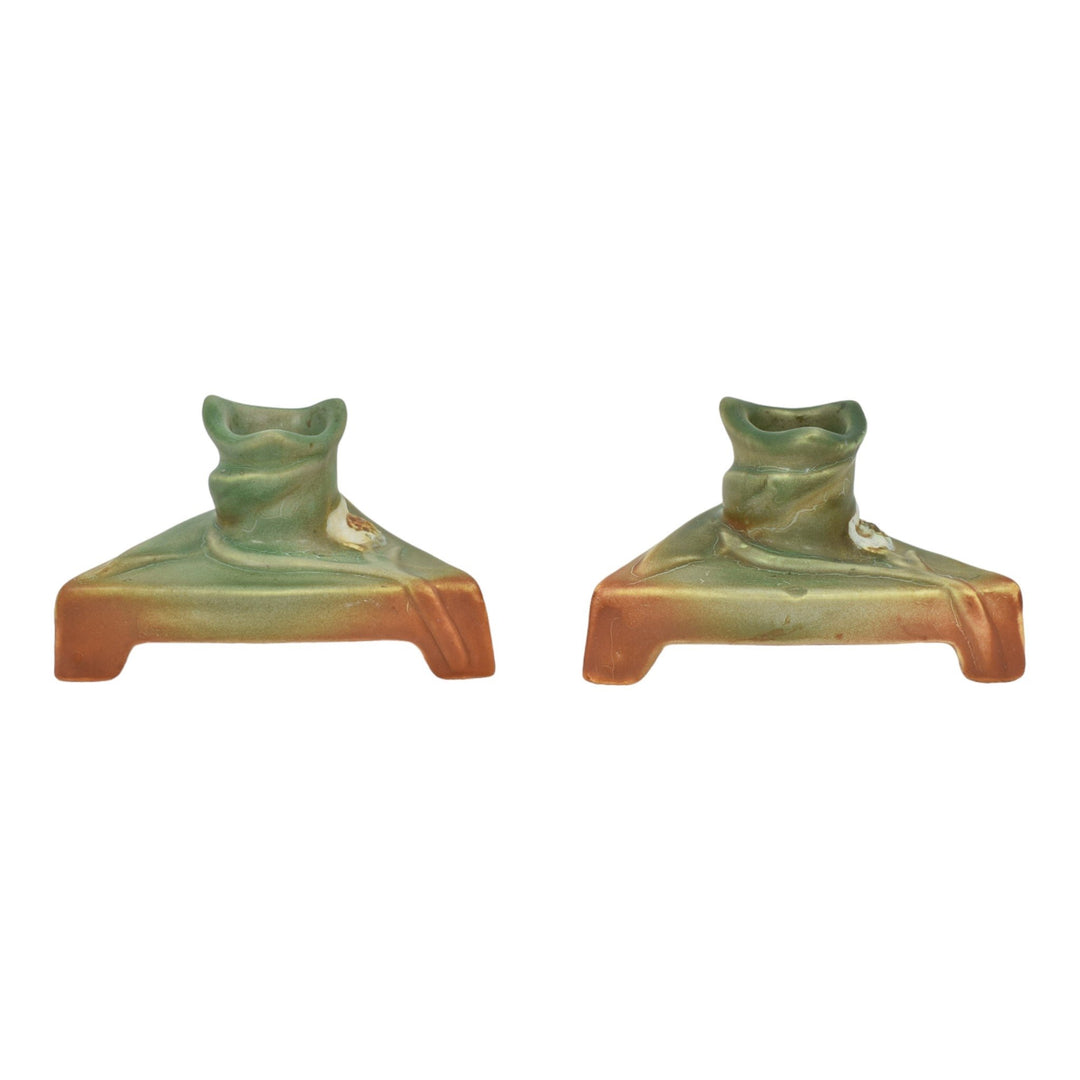 Weller Tutone 1920s Vintage Art Pottery Brown And Green Ceramic Candle Holders - Just Art Pottery