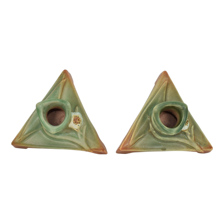 Weller Tutone 1920s Vintage Art Pottery Brown And Green Ceramic Candle Holders - Just Art Pottery