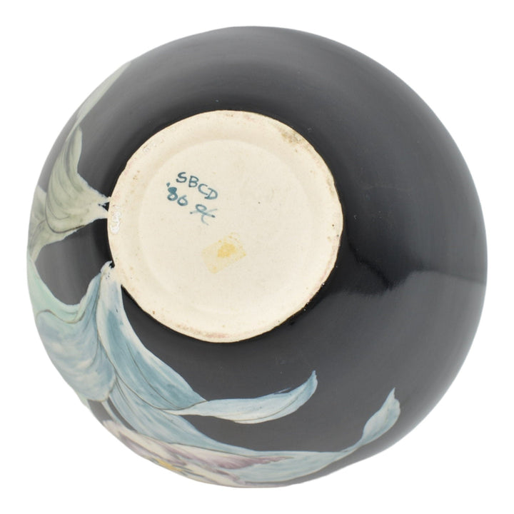 Santa Barbara Ceramic Design 1986 Art Pottery Hand Painted Floral Black Vase - Just Art Pottery