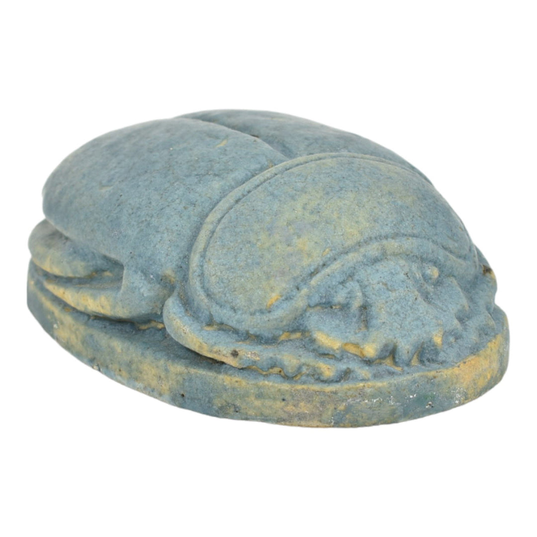 Grueby 1900s Vintage Arts and Crafts Pottery Matte Blue Scarab Paperweight - Just Art Pottery