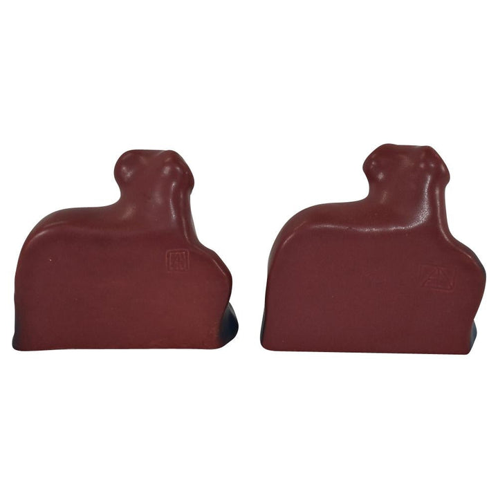 Van Briggle Vintage Late Teens Arts and Crafts Mulberry Red Ram Ceramic Bookends - Just Art Pottery