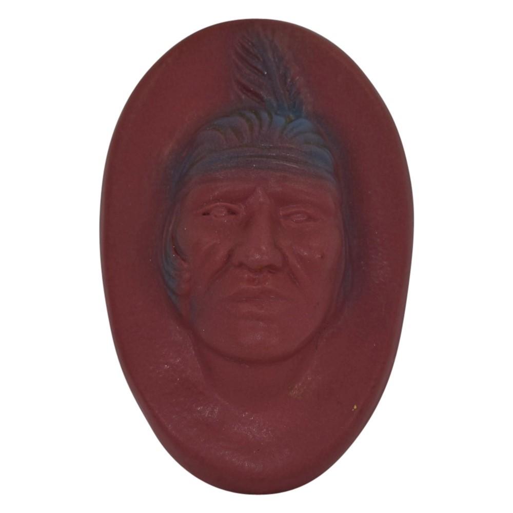 Van Briggle 1940s Pottery Red Native American Big Buffalo Ceramic Wall Plaque - Just Art Pottery