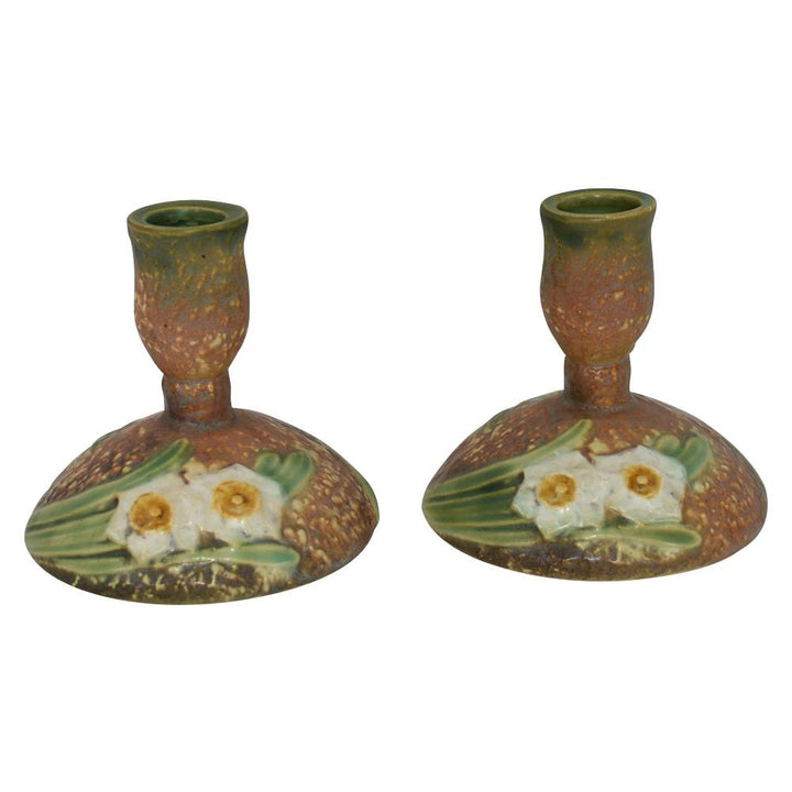 Roseville Jonquil 1931 Vintage Art Pottery Brown Ceramic Candle Holders 1082-4 - Just Art Pottery