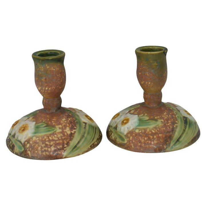 Roseville Jonquil 1931 Vintage Art Pottery Brown Ceramic Candle Holders 1082-4 - Just Art Pottery