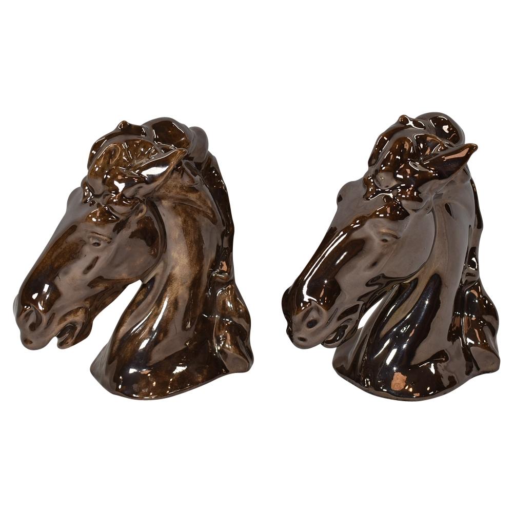 Studio Pottery Brown Bronze Luster Glaze Modern Deco Horse Head Bookends - Just Art Pottery