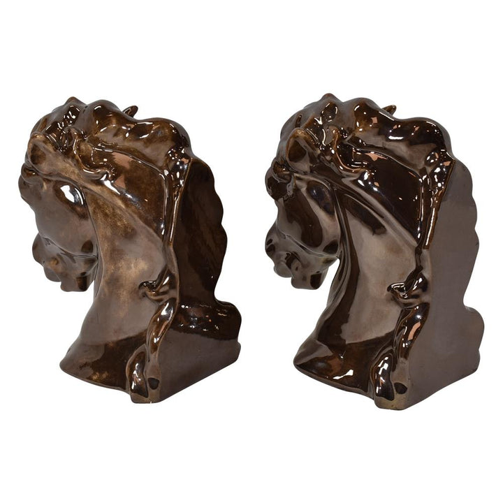 Studio Pottery Brown Bronze Luster Glaze Modern Deco Horse Head Bookends - Just Art Pottery