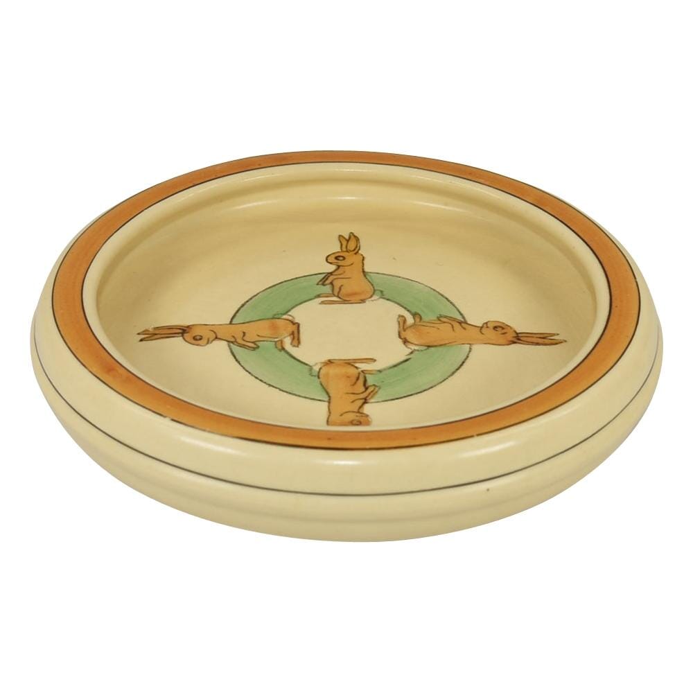 Roseville Pottery Juvenile Creamware 1910 Four Rabbits Rolled Edge Baby Plate - Just Art Pottery