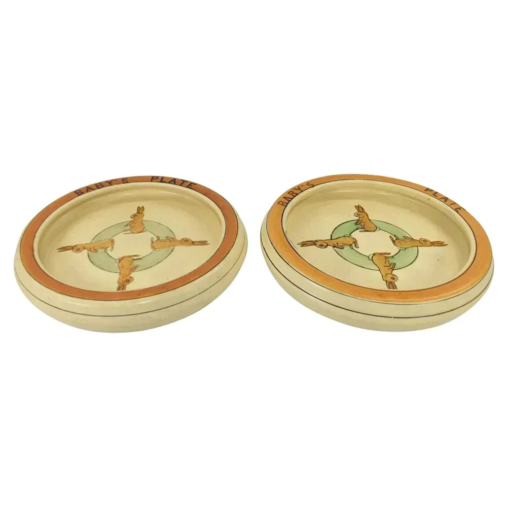 Roseville Juvenile Creamware 1910 Art Pottery Rolled Edge Rabbit Baby Plates - Just Art Pottery