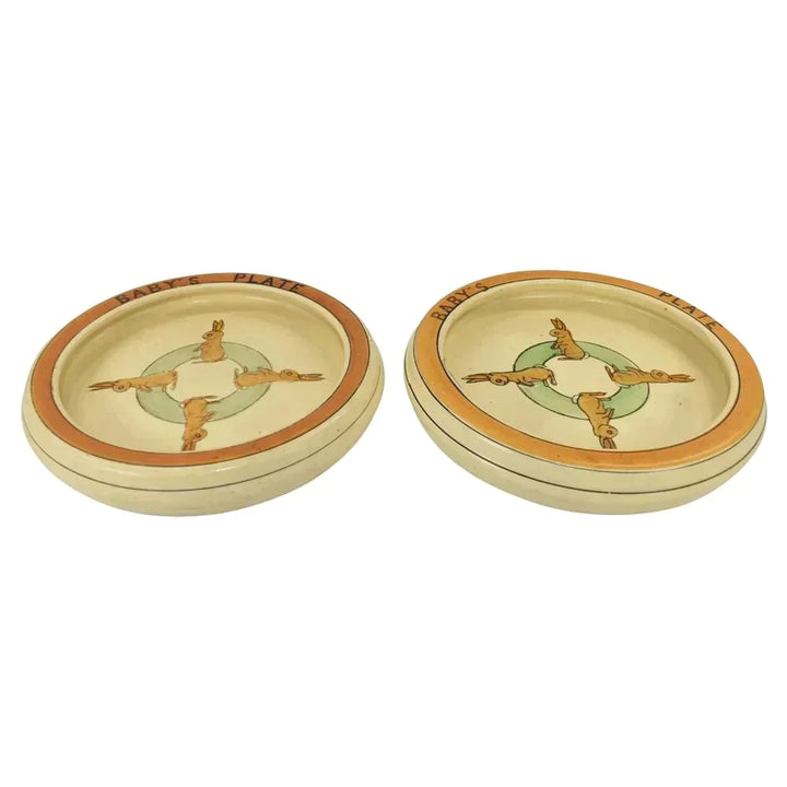 Roseville Juvenile Creamware 1910 Art Pottery Rolled Edge Rabbit Baby Plates - Just Art Pottery