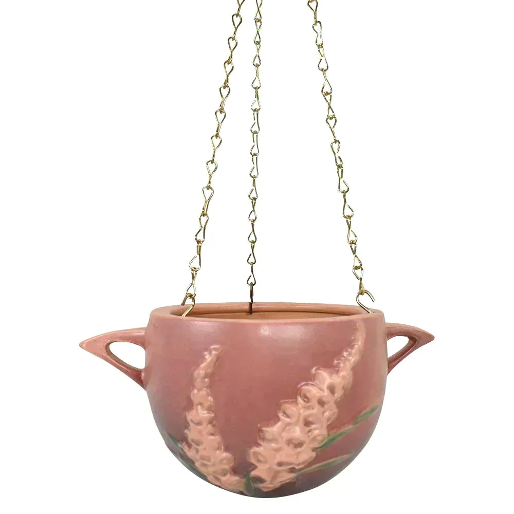 Roseville Foxglove Pink 1942 Vintage Deco Pottery Hanging Basket Planter 466-5 - Just Art Pottery
