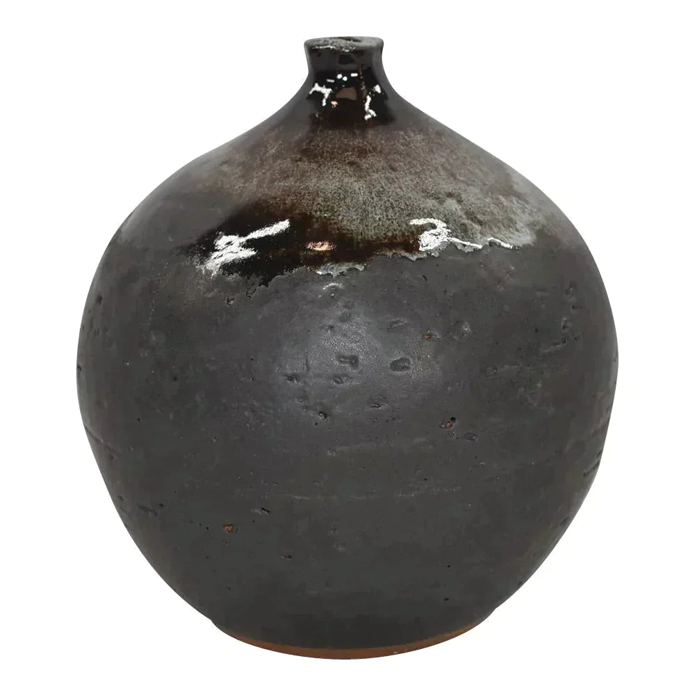 Vintage 1972 Studio Art Pottery Mottled Brown Black Ceramic Closed Rim Vase - Just Art Pottery