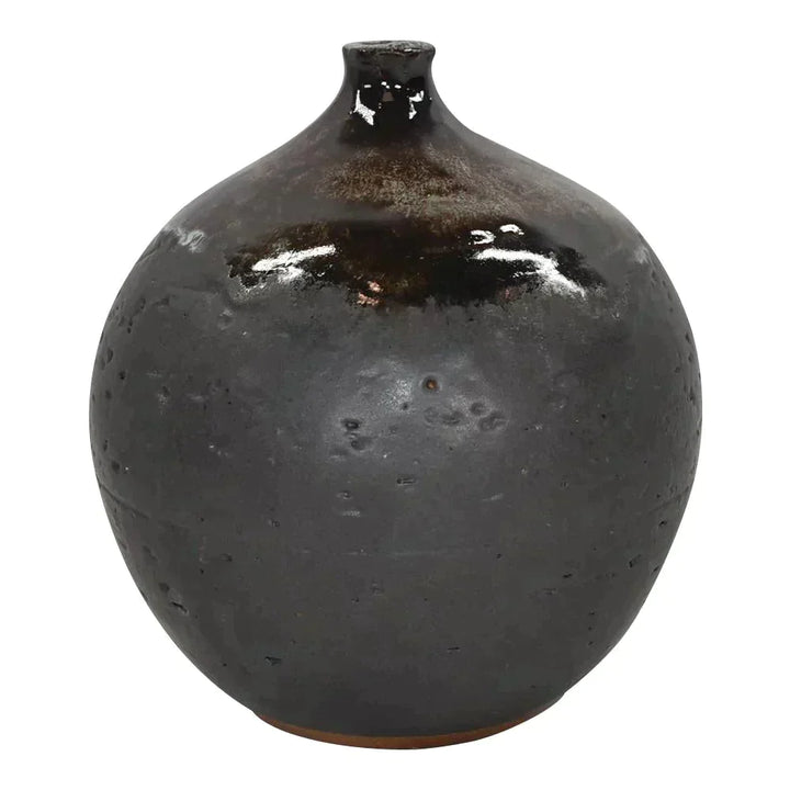 Vintage 1972 Studio Art Pottery Mottled Brown Black Ceramic Closed Rim Vase - Just Art Pottery