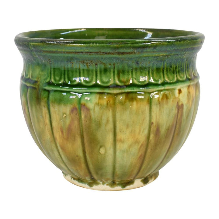 American Art Pottery Blended Majolica Yellow Green Ceramic Jardiniere Planter - Just Art Pottery
