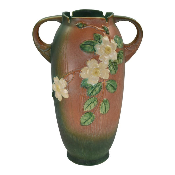 Roseville White Rose 1940s Vintage Mid Century Modern Brown Floor Vase 994-18 - Just Art Pottery