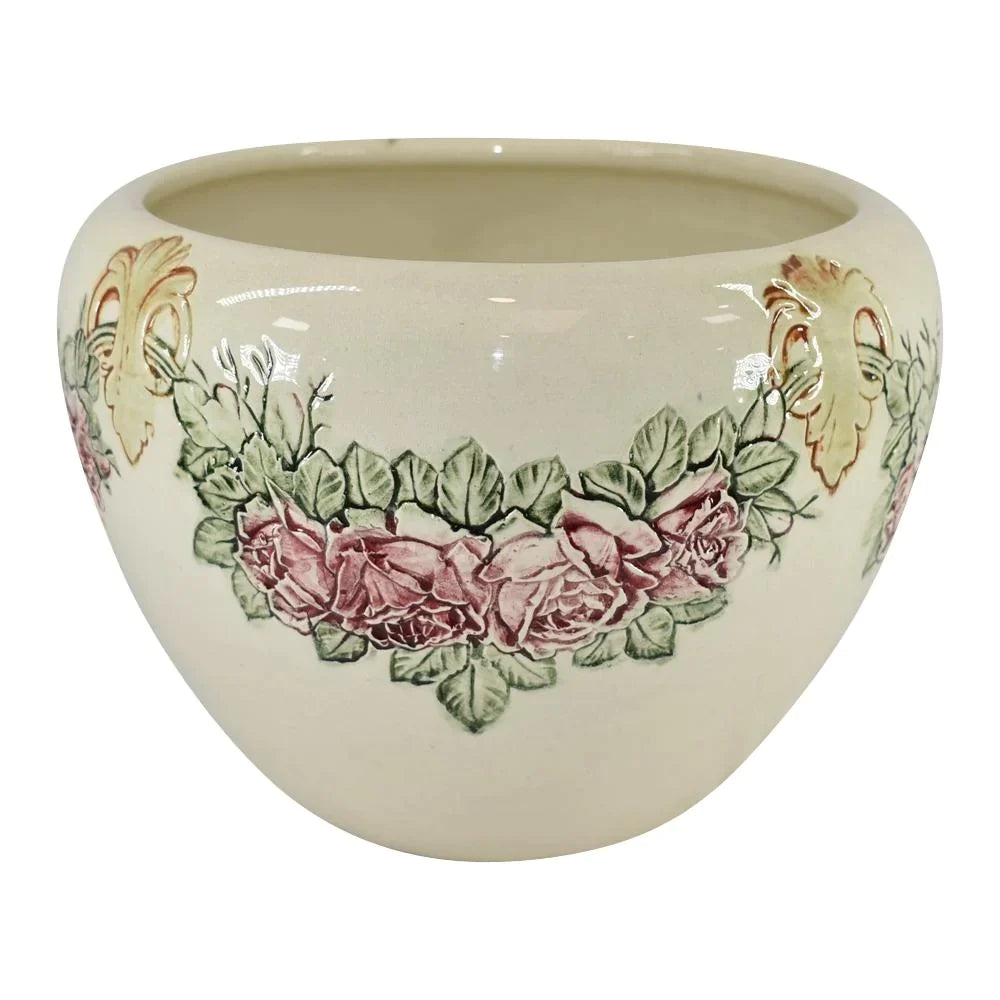 Weller Zona 1920s Vintage Art Pottery Red Roses White Ceramic Jardiniere Planter - Just Art Pottery