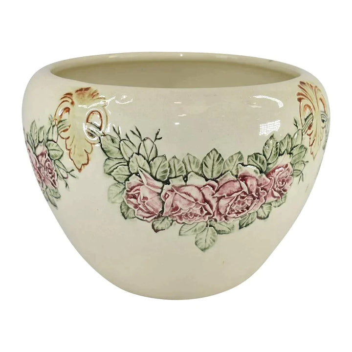 Weller Zona 1920s Vintage Art Pottery Red Roses White Ceramic Jardiniere Planter - Just Art Pottery