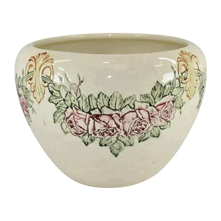 Weller Zona 1920s Vintage Art Pottery Red Roses White Ceramic Jardiniere Planter - Just Art Pottery