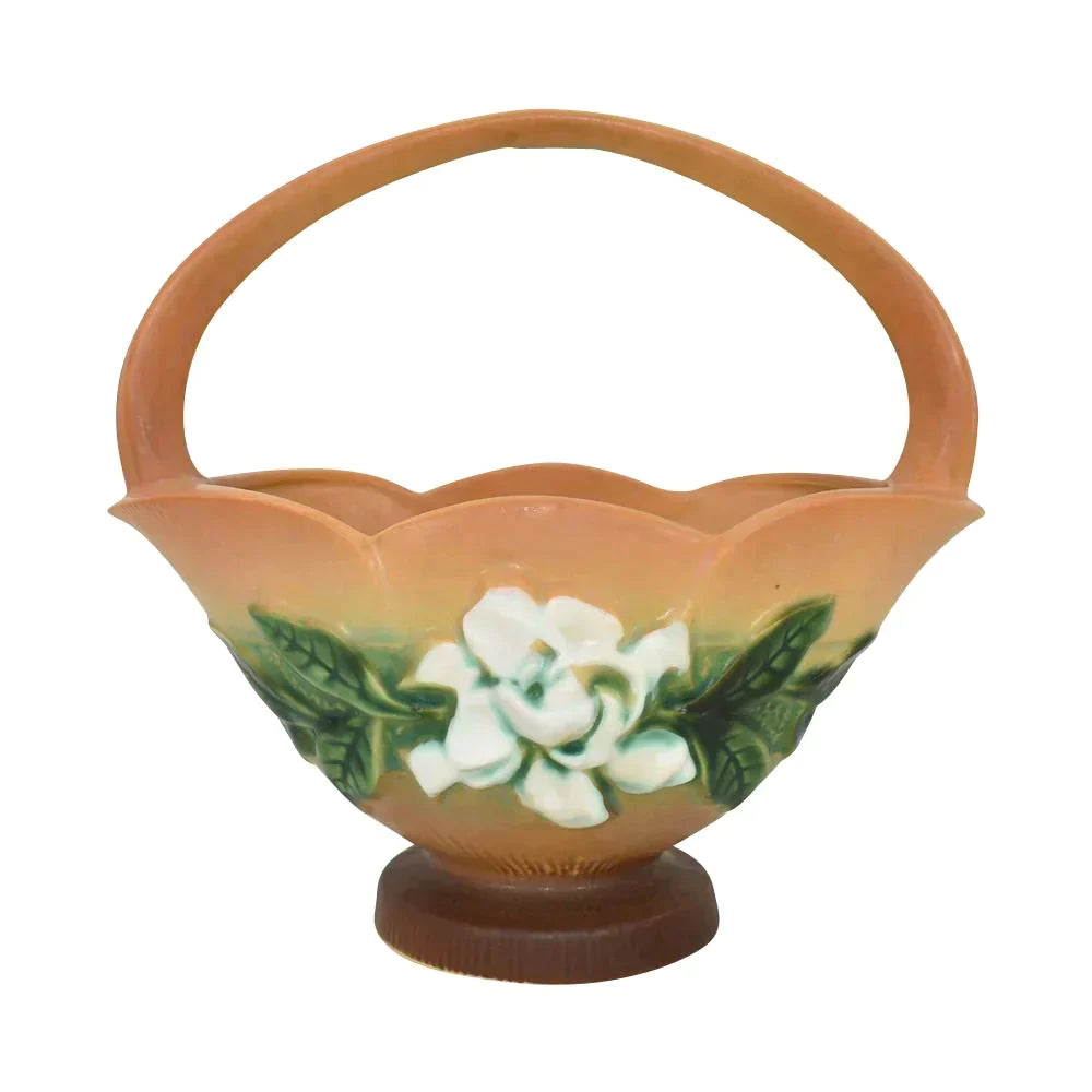Roseville Gardenia 1950 Mid Century Modern Art Pottery Tan Ceramic Basket 608-8 - Just Art Pottery