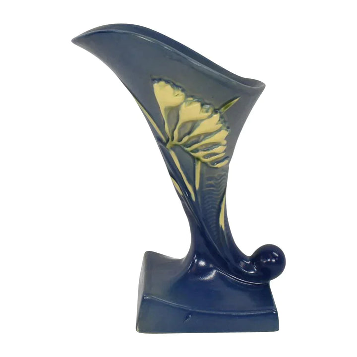 Roseville Freesia 1945 Vintage Art Pottery Blue Cornucopia Vase 198-8 - Just Art Pottery