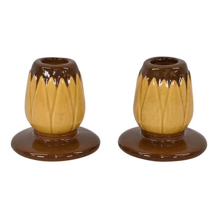 Roseville Lotus 1952 Mid Century Modern Art Pottery Brown Candle Holders L5-2 - Just Art Pottery
