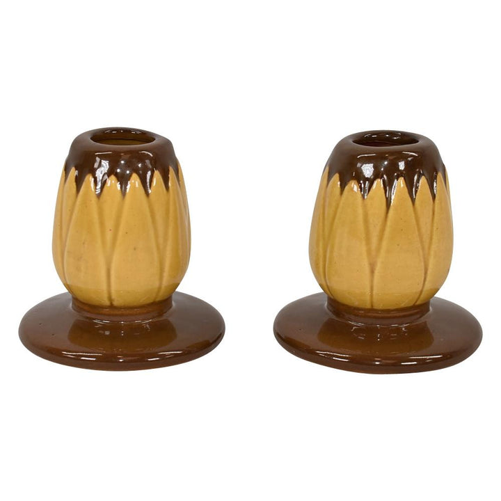 Roseville Lotus 1952 Mid Century Modern Art Pottery Brown Candle Holders L5-2 - Just Art Pottery